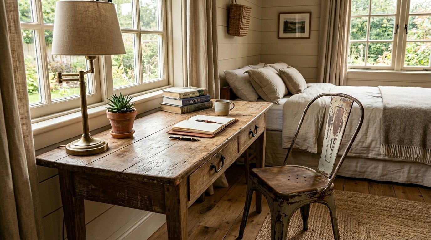 A weathered wood desk with an open notebook, lamp, and vintage metal chair in a bedroom by a window.