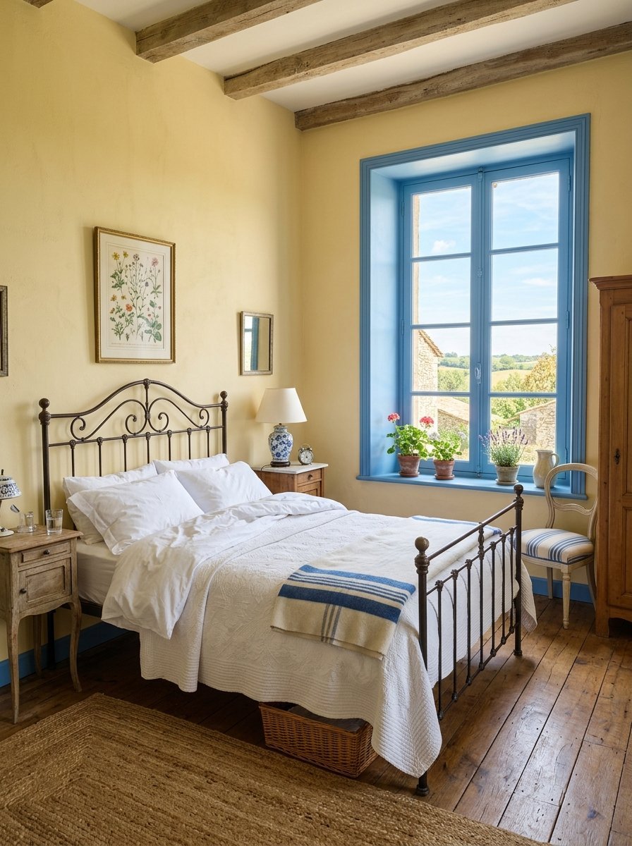 A rustic bedroom with yellow walls, a wrought iron bed, and a bright blue window looking out onto a rural landscape.