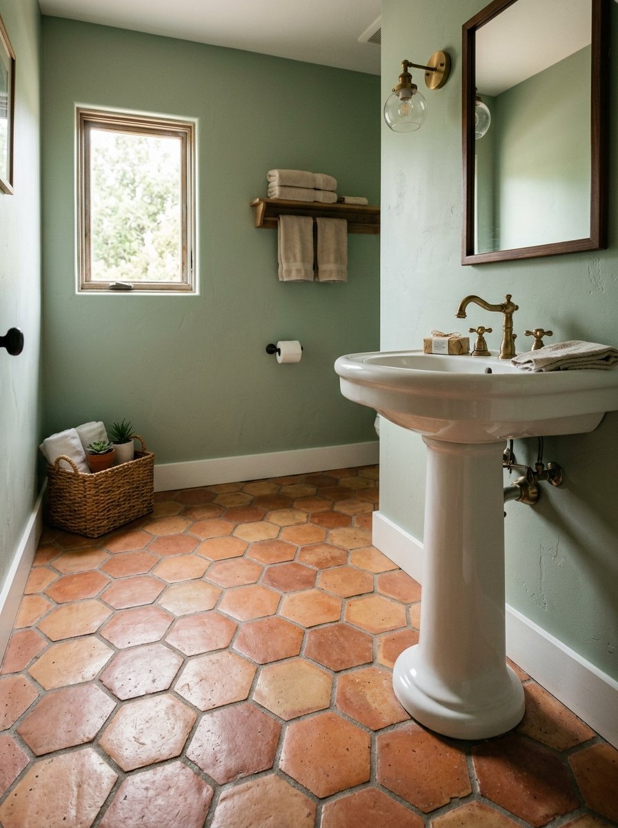 Modern pedestal sink in a green-walled bathroom with natural orange hexagonal floor tiles and hanging towels.