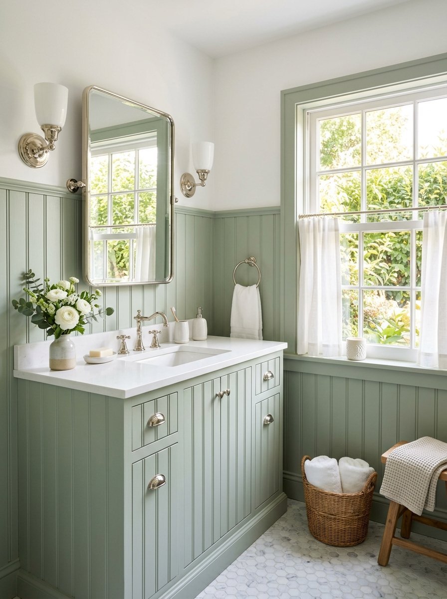 A bathroom vanity with a white countertop and sage green beadboard walls, featuring a mirror and floral arrangement.