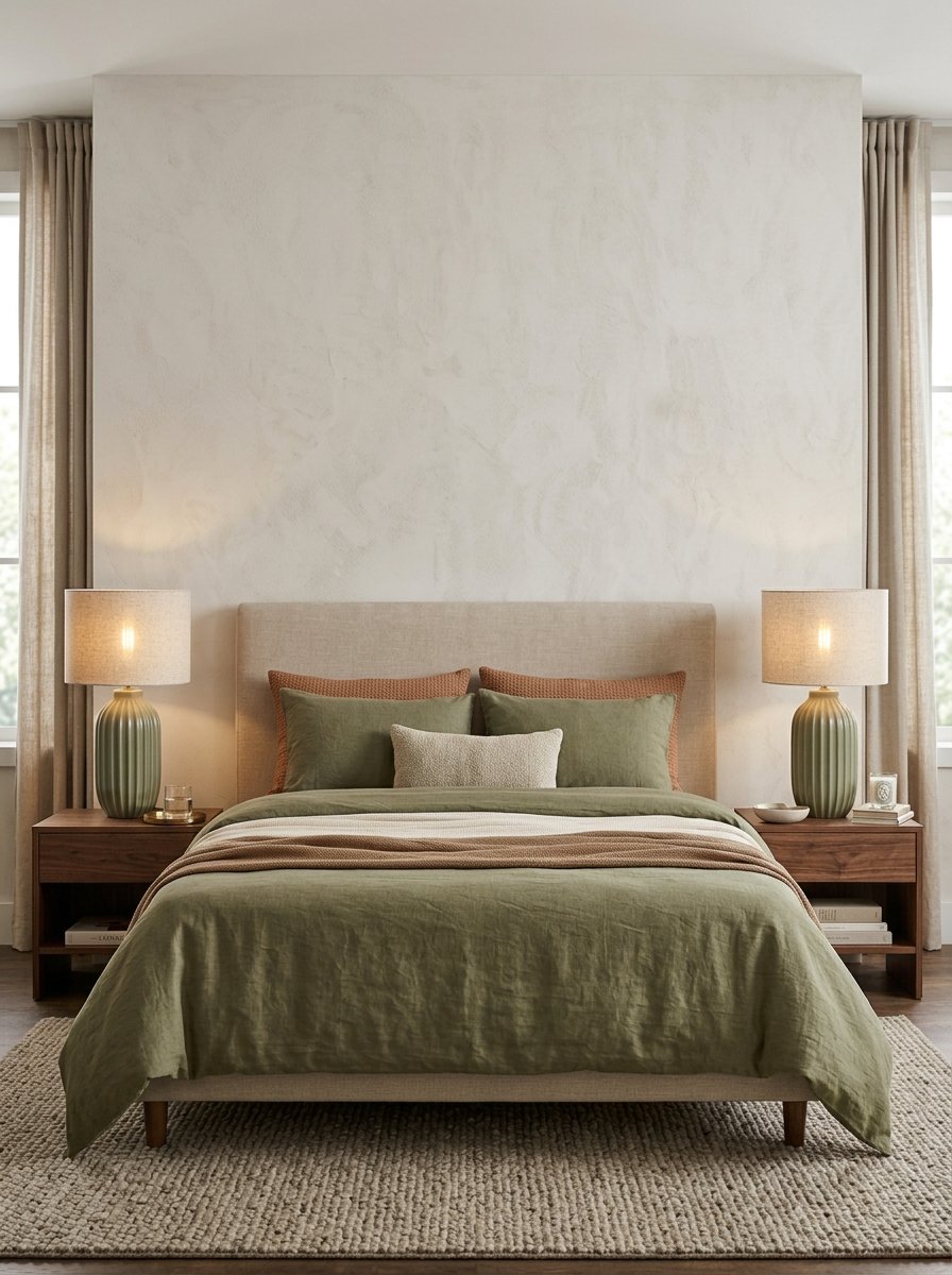 Modern bed with sage green linen bedding, textured throw pillows, and matching ribbed lamps on walnut nightstands.
