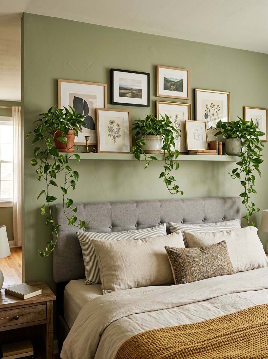 A sage green wall featuring a floating shelf with framed botanical art and hanging trailing ivy over a gray bed.