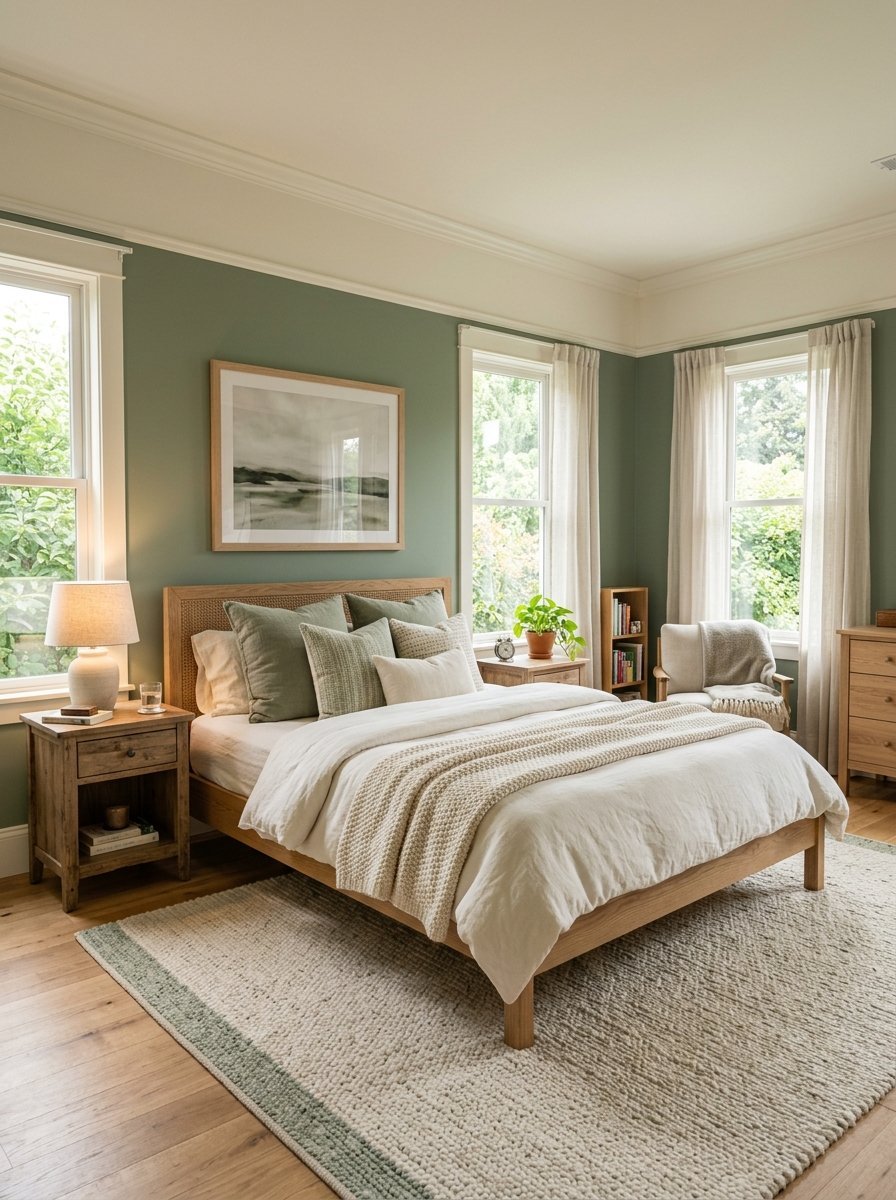 A serene bedroom with a rattan-paneled bed, cream bedding, sage green walls, and light oak nightstands.