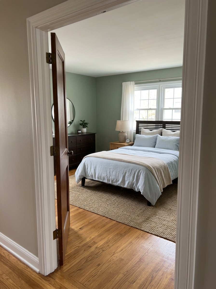 A bedroom with green walls, a bed with light blue bedding, and a jute rug viewed from the hallway.