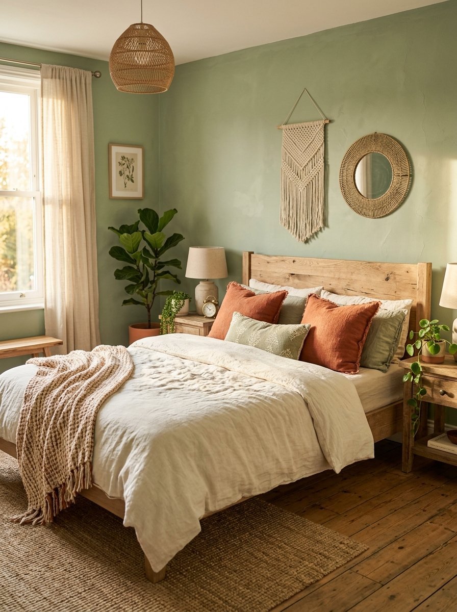Boho style bedroom featuring a wooden bed frame, terracotta pillows, a macrame wall hanging, and green accent walls.