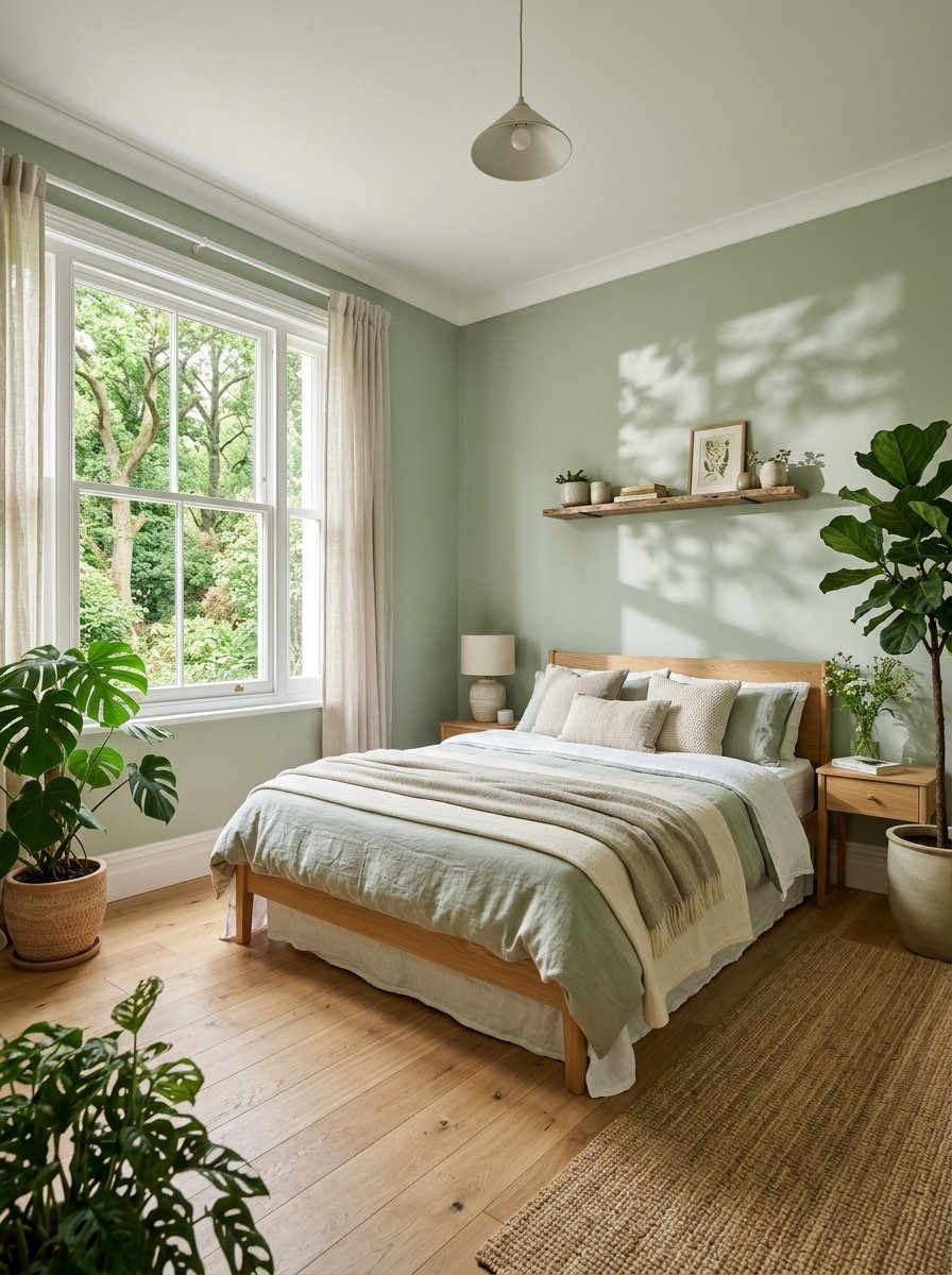 Bright bedroom with a wooden bed, sage walls, potted monstera plants, and a window overlooking lush green trees.