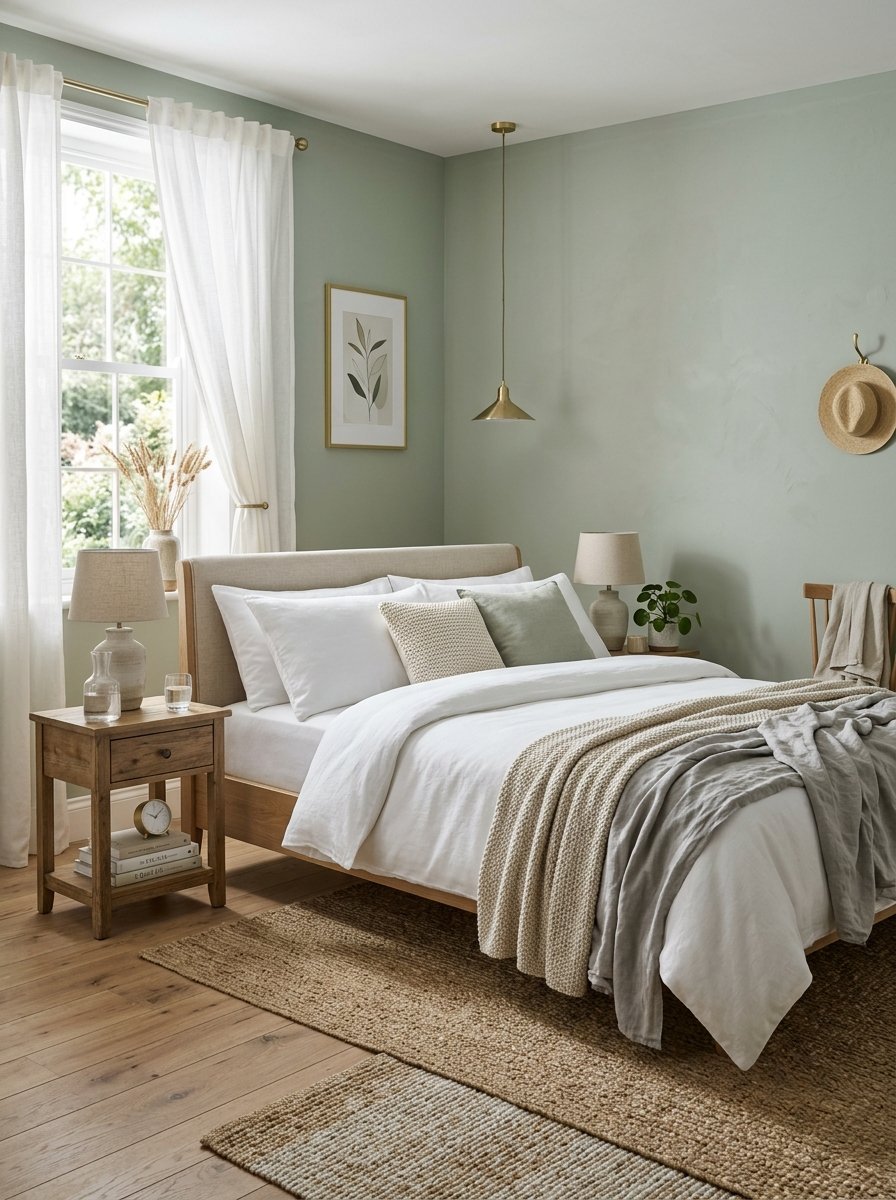 A calm bedroom with a wooden bed, white bedding, sage green walls, and a large jute rug on a hardwood floor.