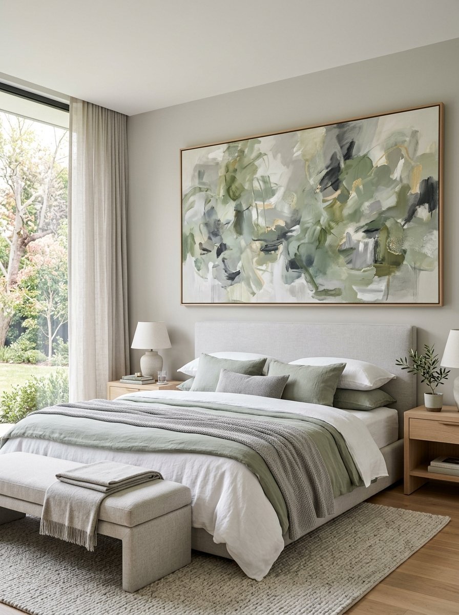 Contemporary bedroom with soft green bedding, linen pillows, and a large abstract painting hung on a neutral wall.