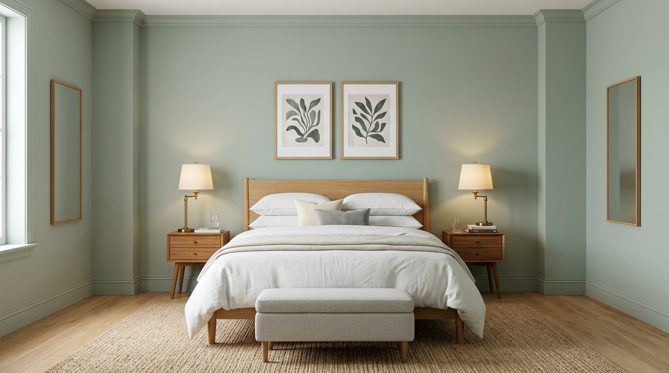 Modern bedroom with sage green walls, light wood furniture, white bedding, and two matching framed botanical prints.