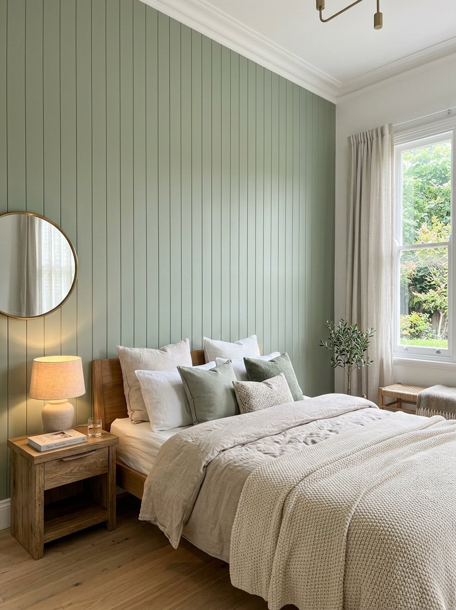 A calm bedroom with a sage green paneled accent wall, wood nightstand, and cozy neutral bedding.
