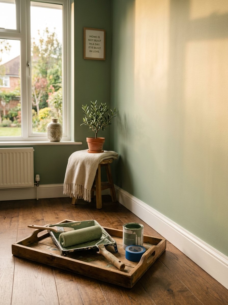 Paint roller, brush, and tape on a tray near a wall painted in sage green with a small plant on a stool.