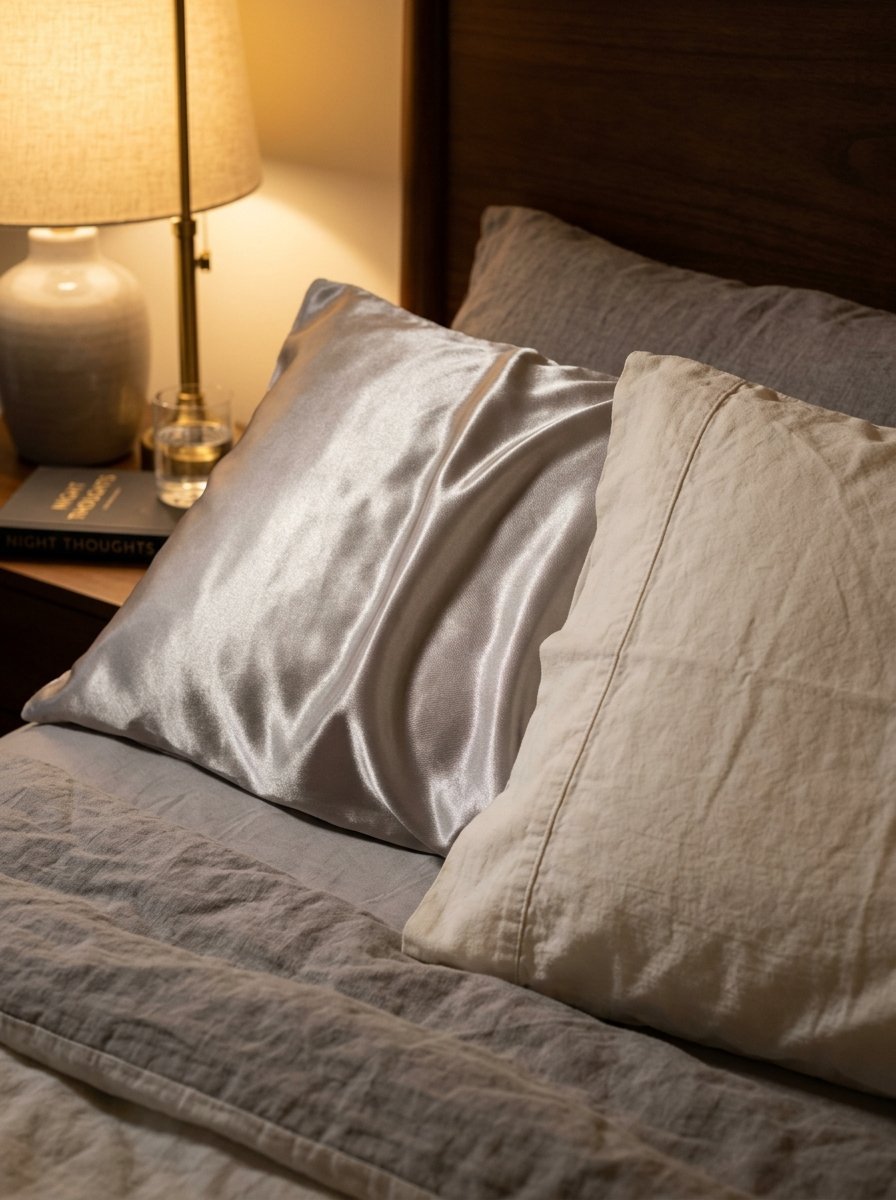 A glossy satin pillowcase next to a textured linen pillow on a bed, illuminated by a warm bedside lamp.