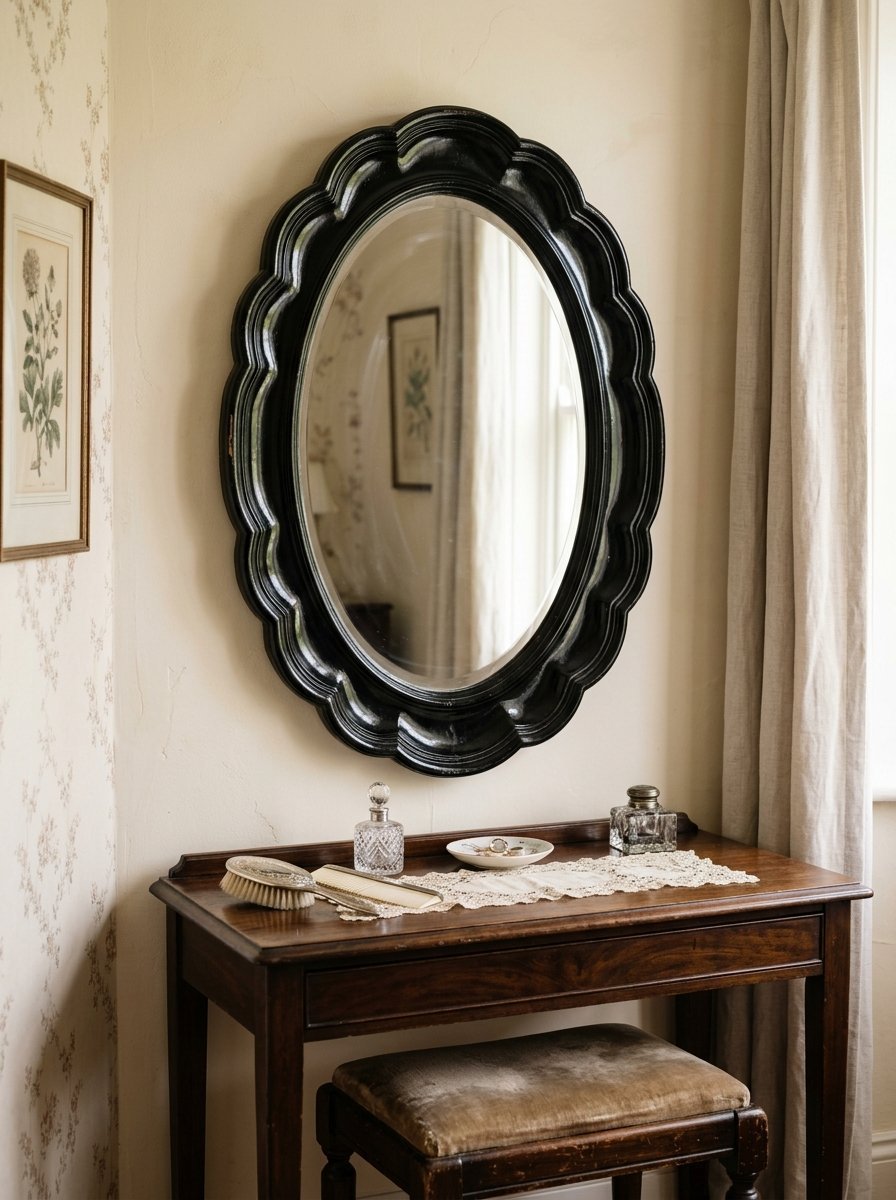A dark wooden vanity table sits beneath a black scalloped oval mirror on a beige wall.