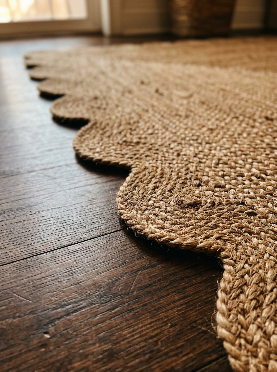 Close-up of a textured jute rug featuring a wavy scalloped border resting on dark hardwood flooring.