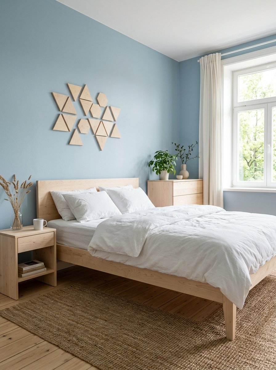 A light wood bed frame with white bedding sits against a soft blue wall decorated with wooden geometric shapes.