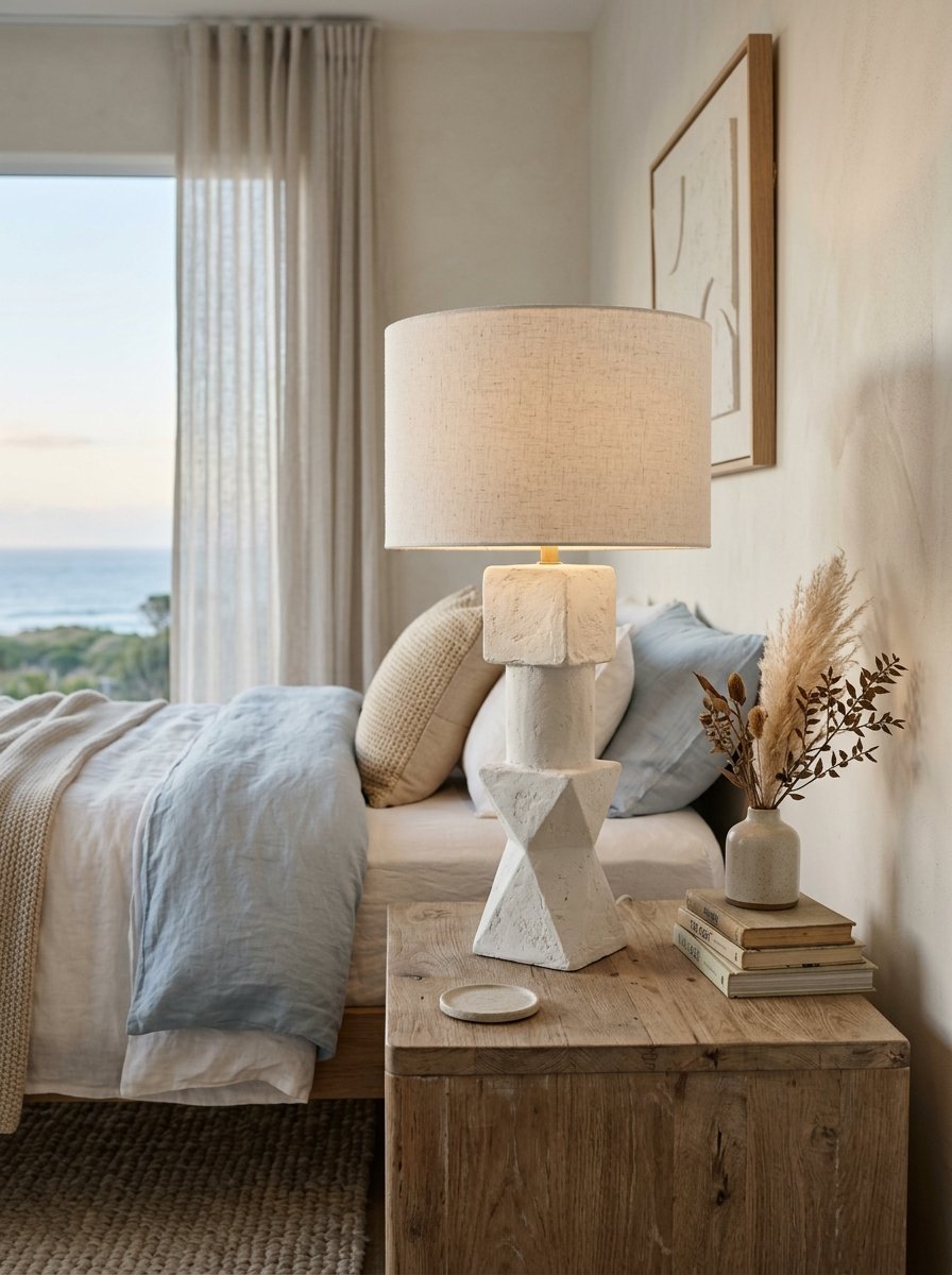 A white geometric lamp stands on a wood bedside table beside a bed with blue and beige linens.