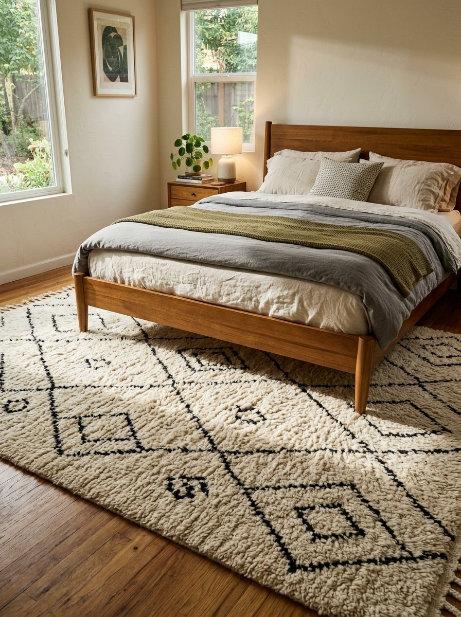 High-pile ivory rug with black diamond geometric patterns placed under a wooden bed frame in a sunlit bedroom.