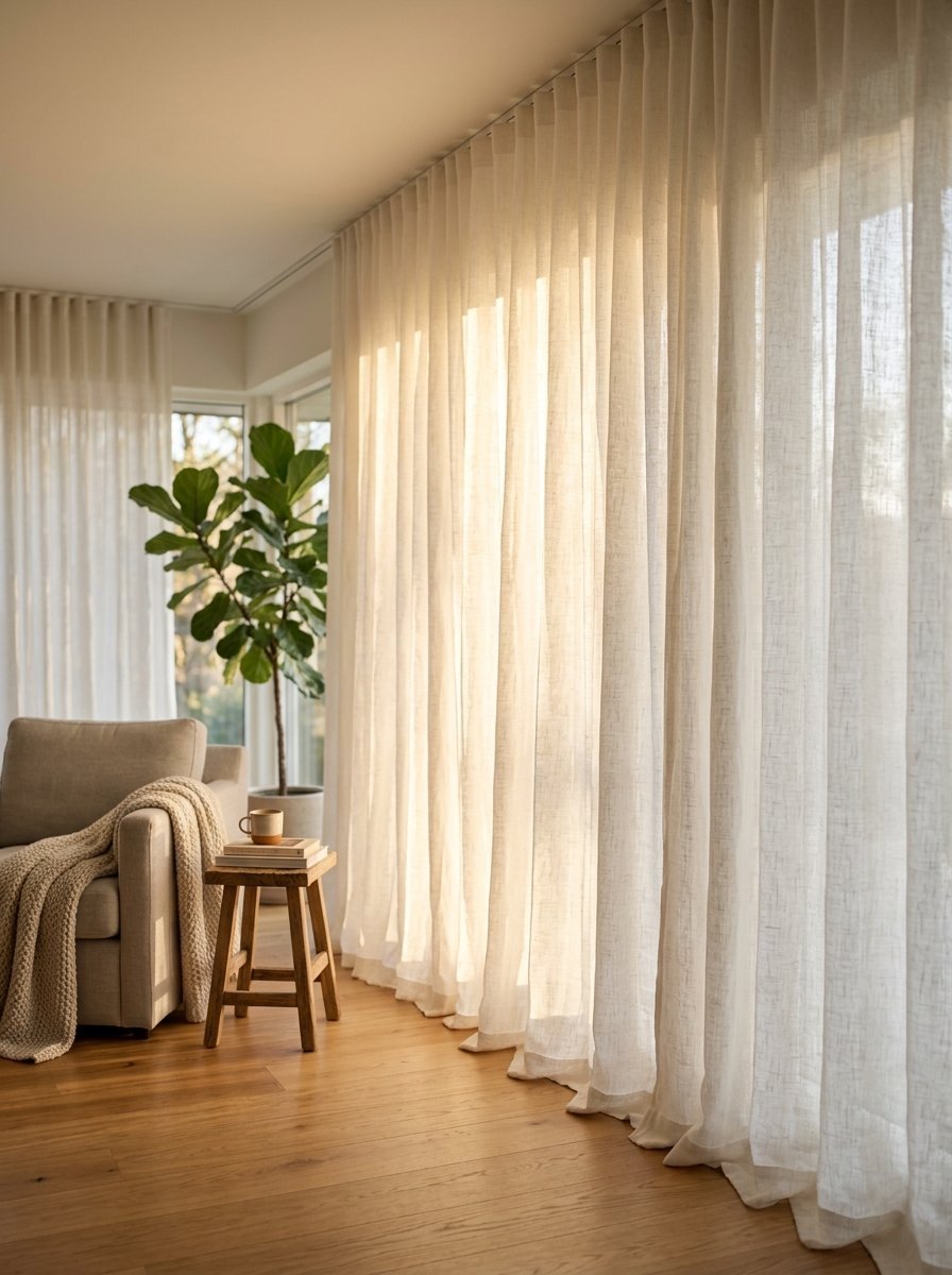 Bright living area with wooden floors, a cozy sofa with throw, and sheer white curtains covering large glass doors.
