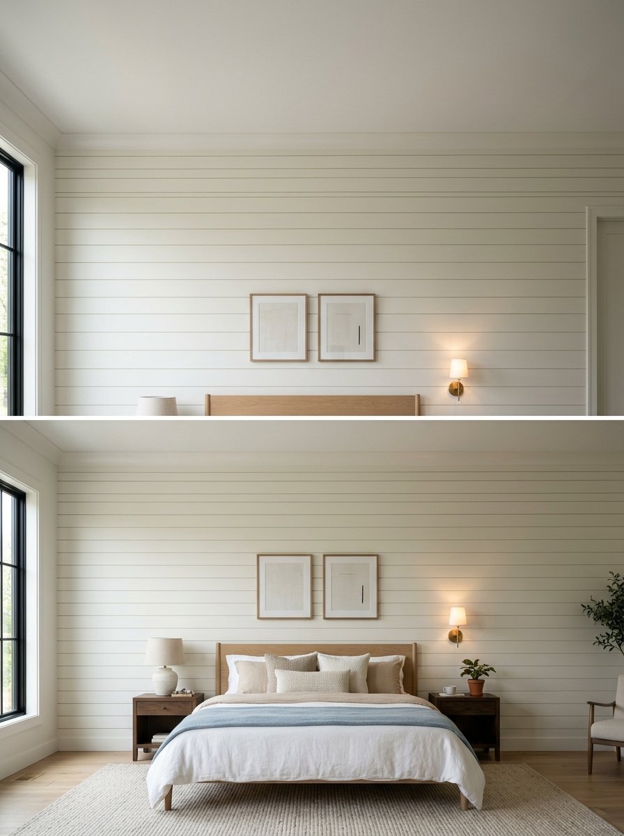 A comparison showing a bare bedroom wall transitioning into a fully furnished room with a bed and decor.