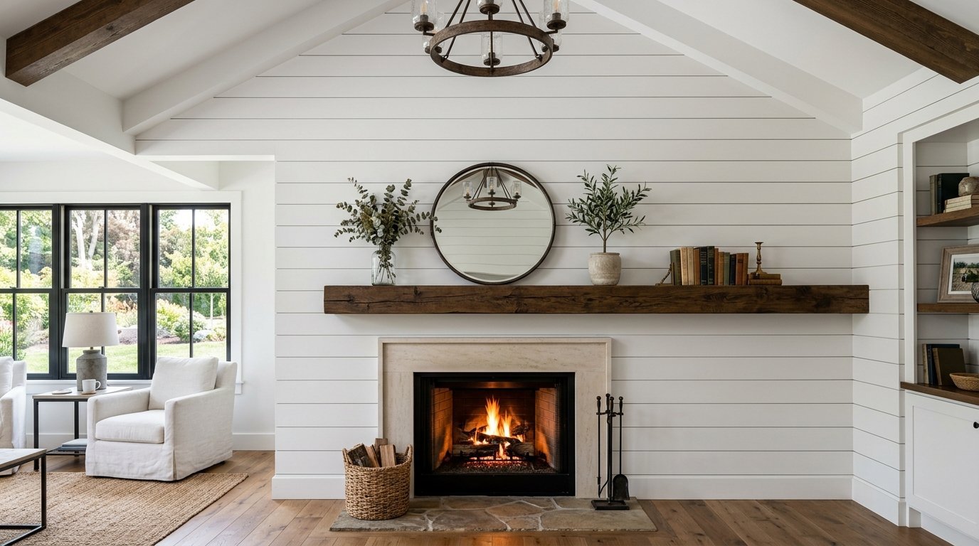 A rustic wooden mantel sits above a lit fireplace on a white horizontal shiplap wall.