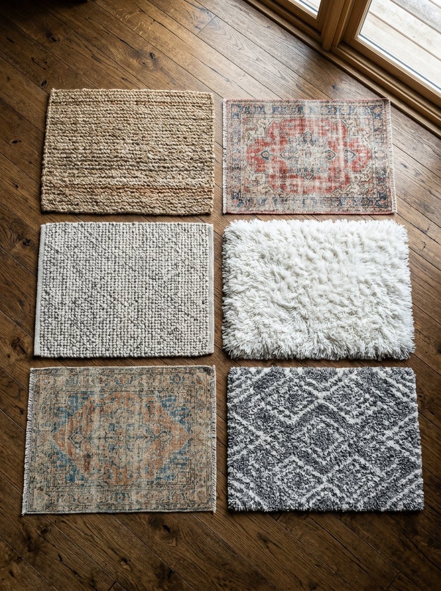 Top-down view of six rectangular rugs featuring jute, vintage-style prints, shag, and geometric textures.