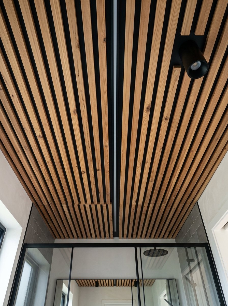Close up of a linear wooden slat ceiling above a glass shower enclosure.