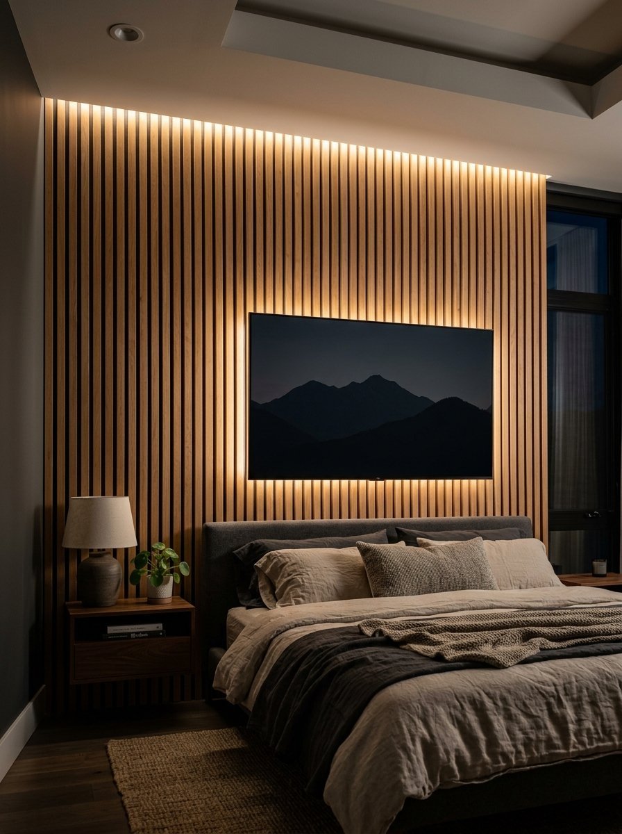 Contemporary bedroom with a wall of vertical wood slats, a mounted television, and ambient LED lighting.