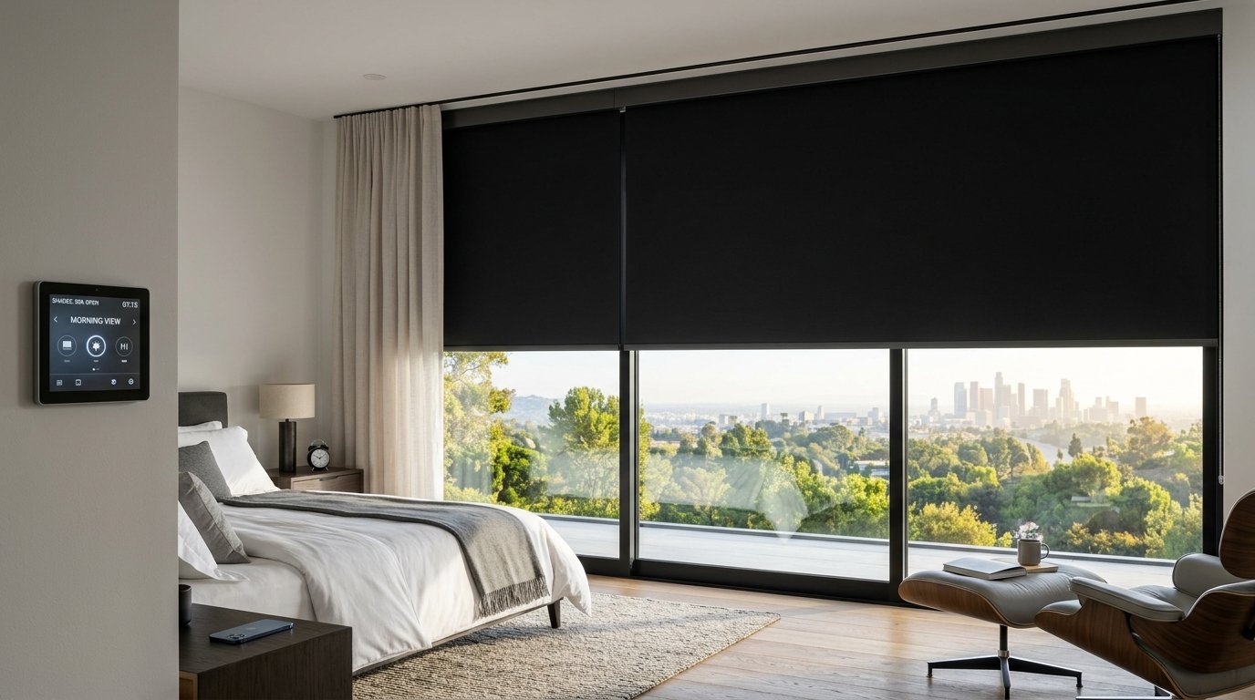 A bedroom wall mounted control panel adjusting black window shades over a scenic view of a sunny city skyline.