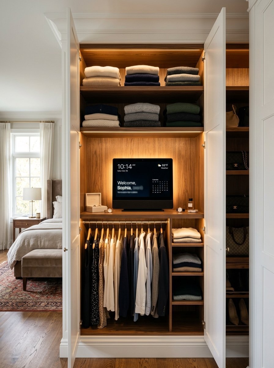 An organized wooden bedroom closet with LED lighting, hanging clothes, folded sweaters, and a central smart dashboard.