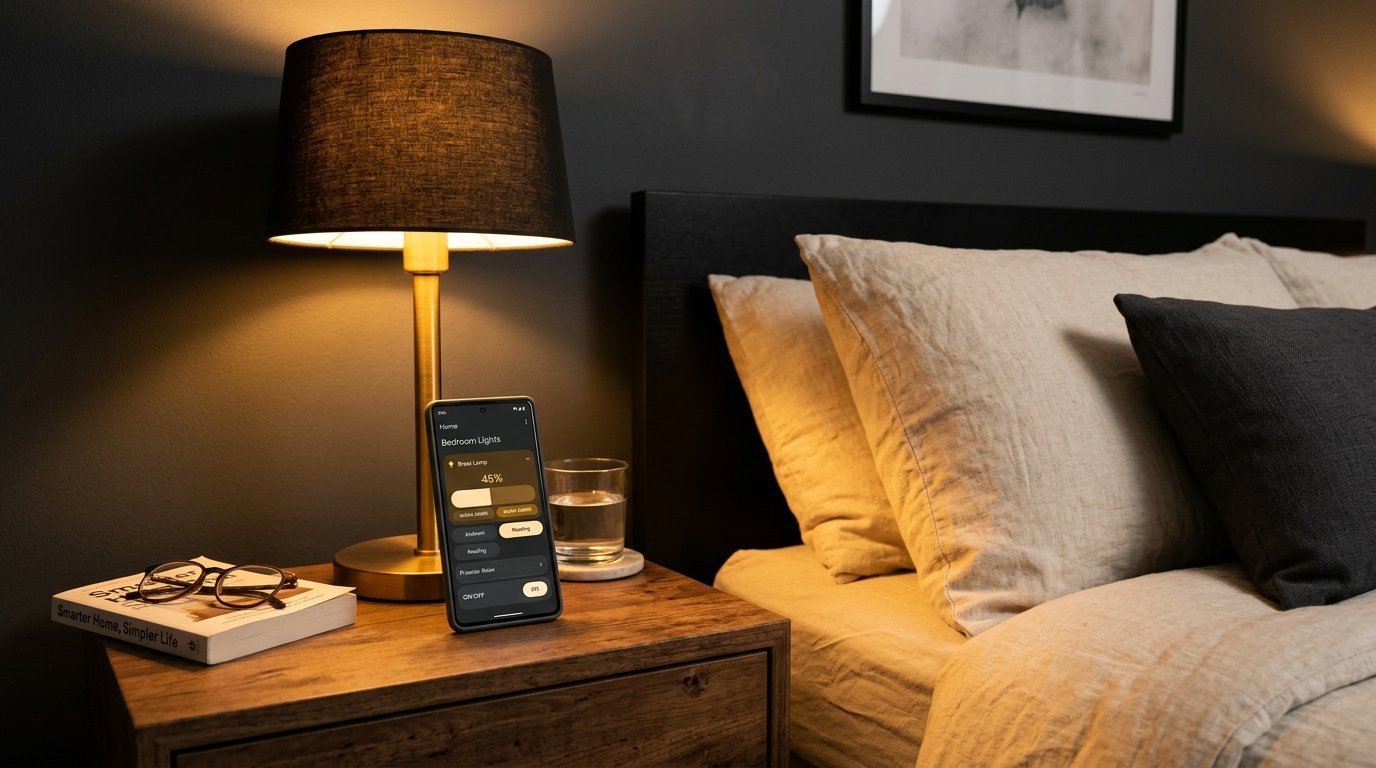 A phone displaying smart home light controls resting on a bedside table next to a glowing lamp and reading glasses.