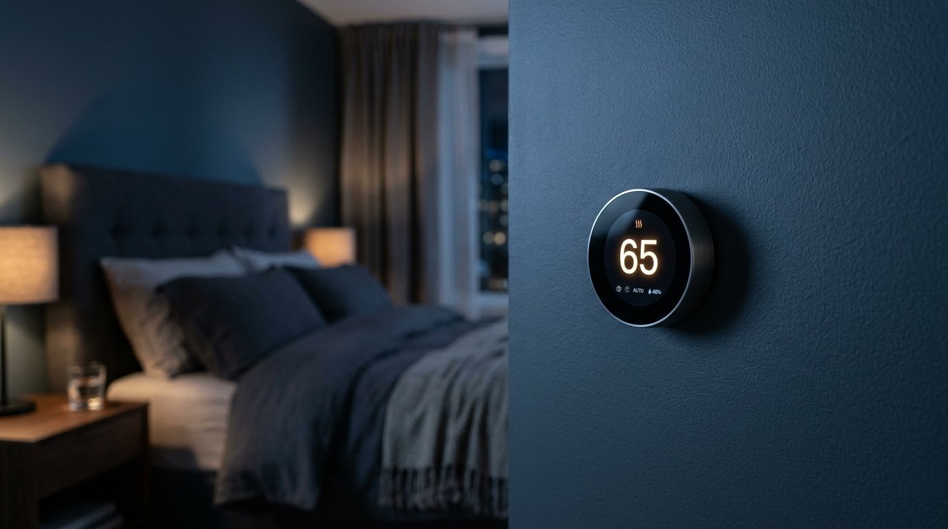 Round digital thermostat display showing 65 degrees on a dark blue wall near a blurred bedroom.