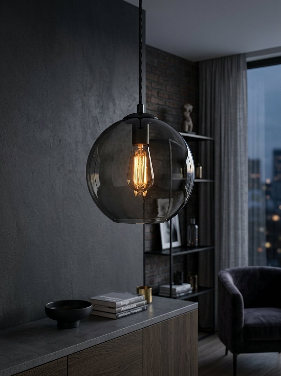 Round dark glass pendant lamp featuring an exposed glowing filament bulb hanging over a sideboard.