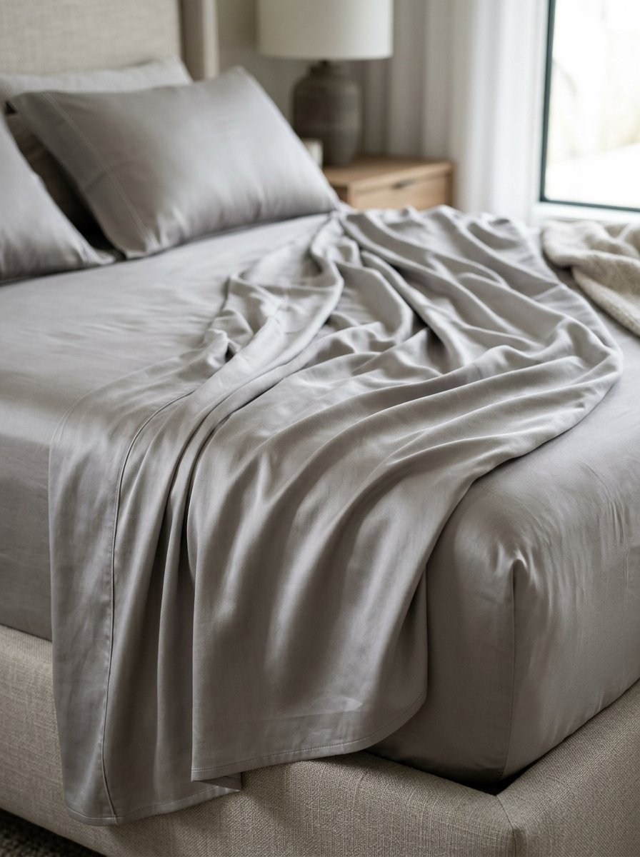A close-up of grey satin bedding with draped fabric on a plush upholstered bed frame.