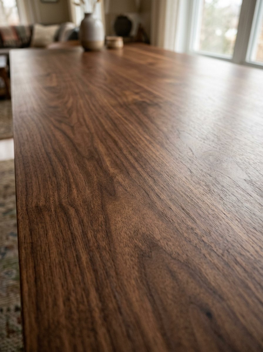 Close-up perspective of a smooth, dark-stained solid wood table surface in a living room.