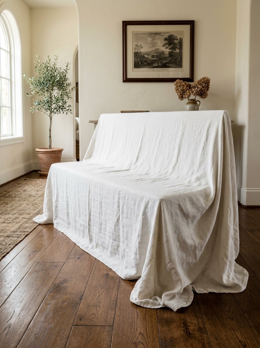 White linen cloth covering a bench in a minimalist room with hardwood floors and an olive tree.