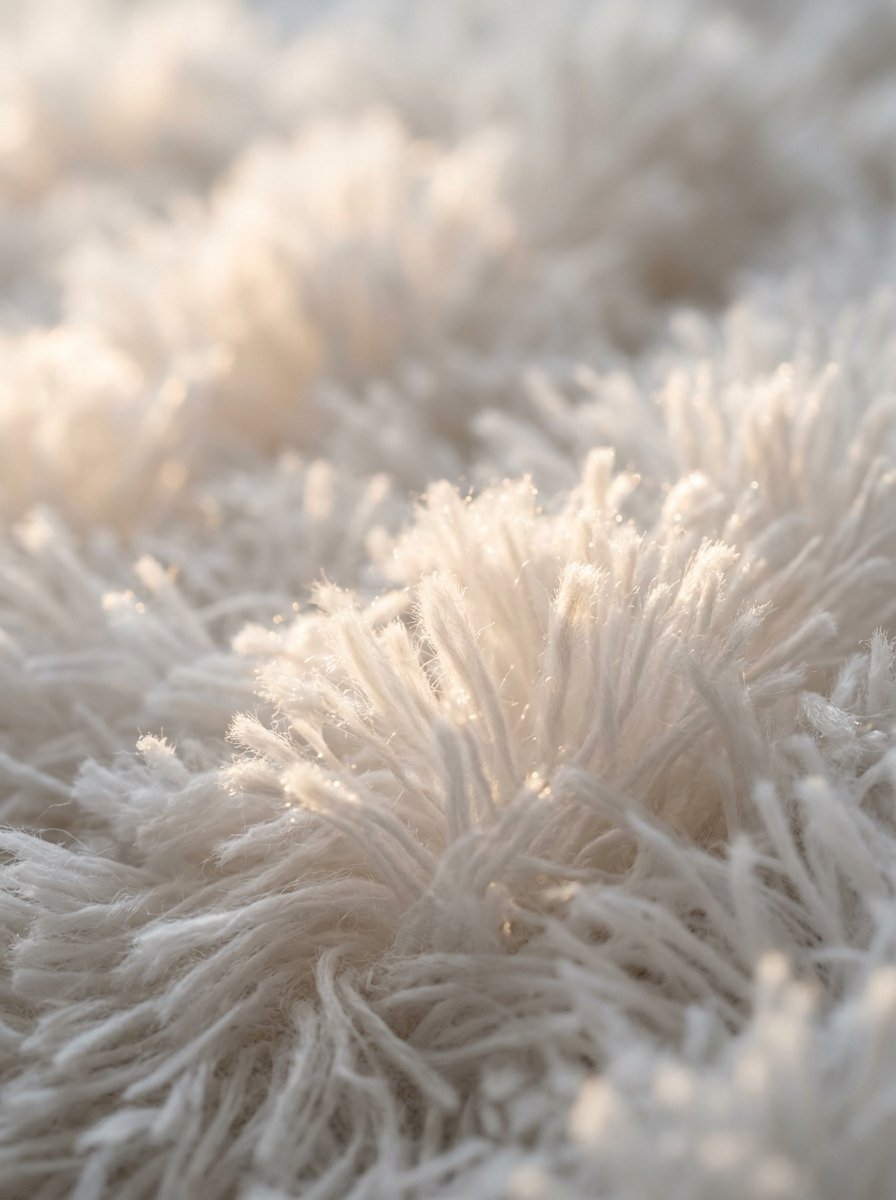 A detailed macro view of the fluffy, cream-colored synthetic material of a high-pile area rug.