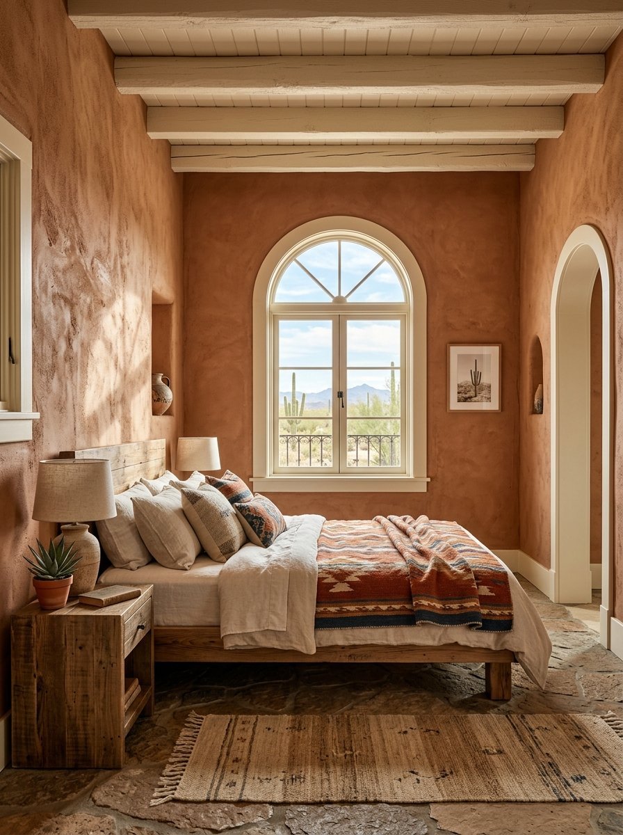 Rustic bedroom with terracotta walls, wooden bed frame, patterned throw blanket, and a view of desert cacti.