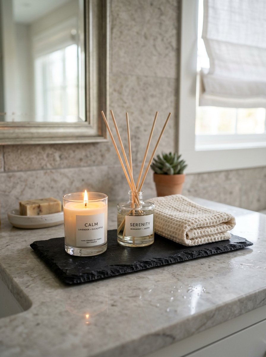 Lit candle, reed diffuser, and folded waffle towel on a black stone tray in a luxury bathroom.