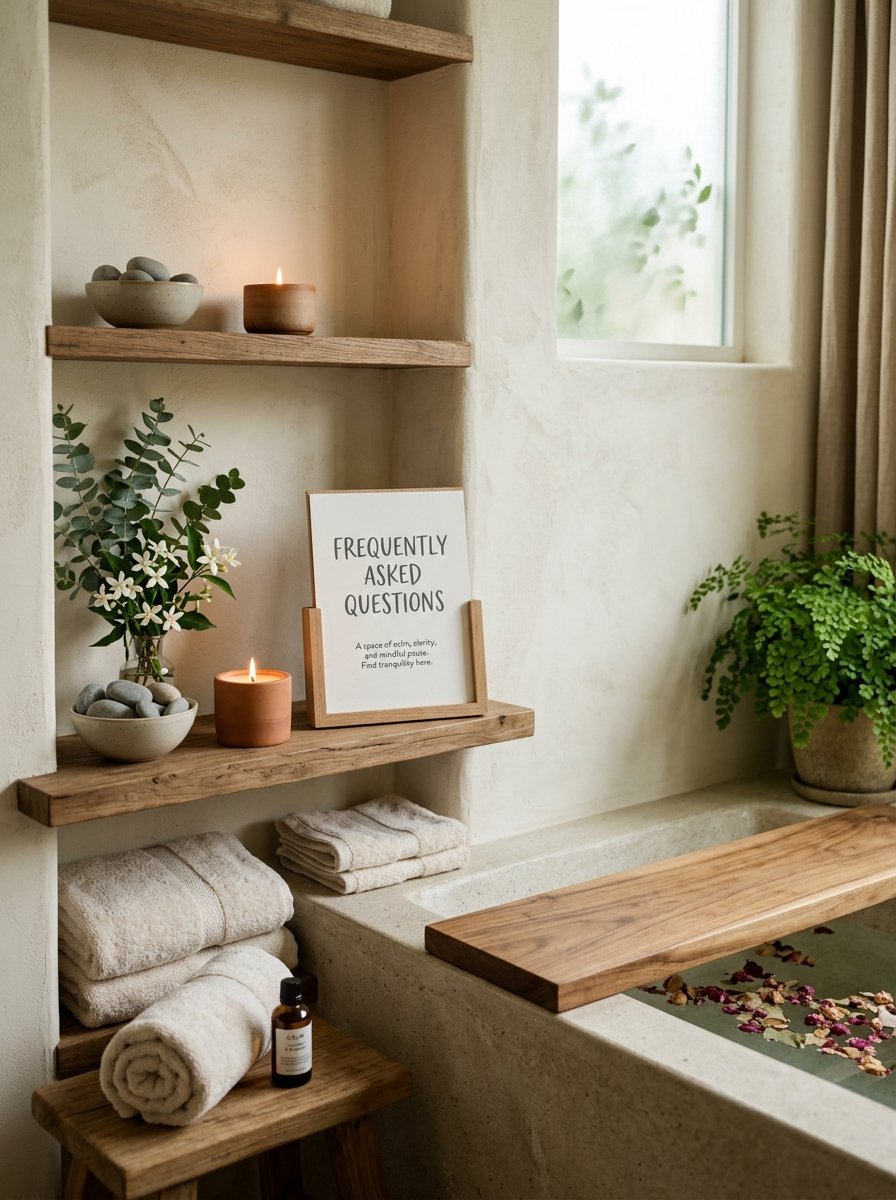 Wooden shelves with candles, plants, and a sign in a neutral-toned spa bathroom.