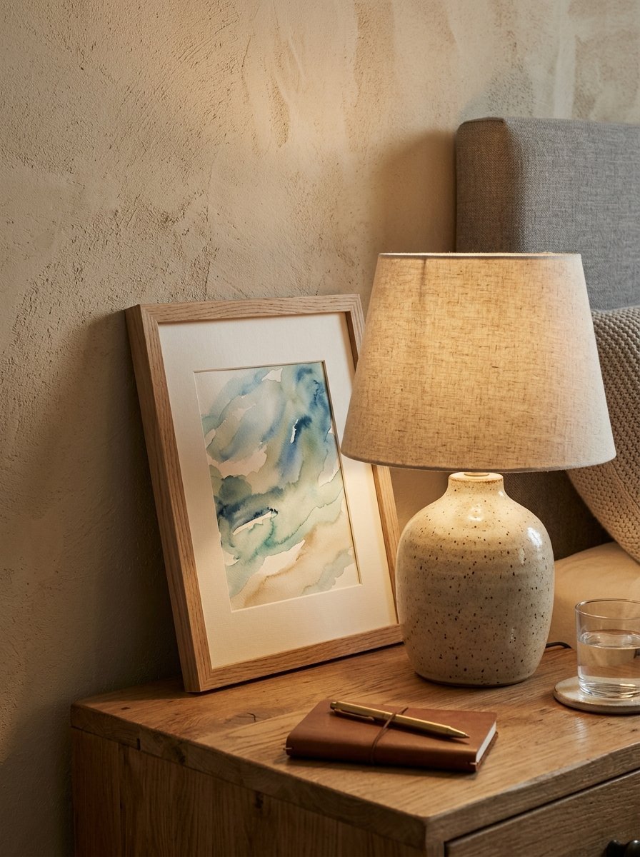 A bedroom side table featuring a speckled ceramic lamp, framed abstract watercolor print, and a small leather journal.