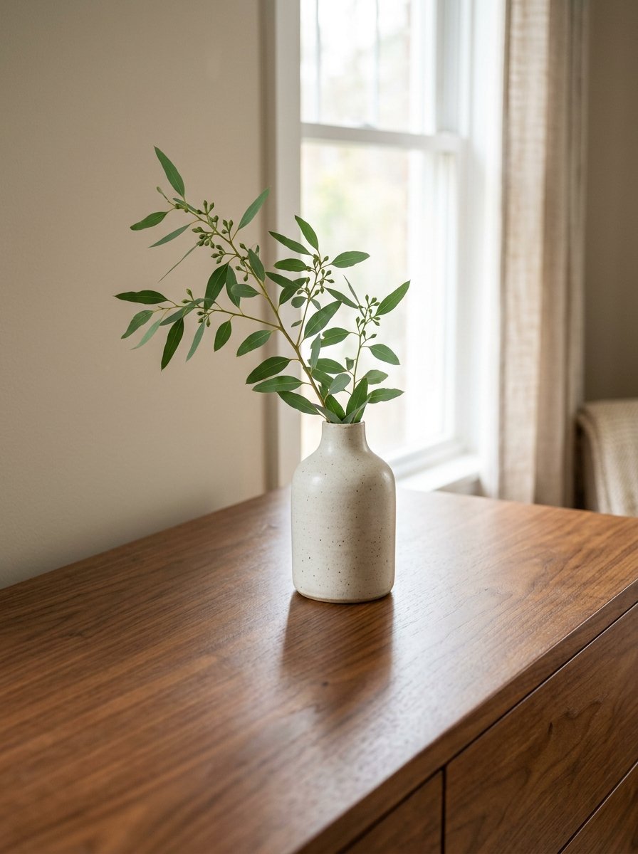 A beige speckled ceramic bottle vase holding a leafy green branch sits on a walnut wood surface near a window.