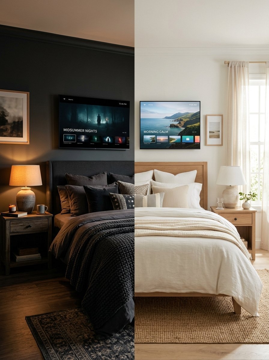 Split image showing a dark charcoal bedroom on the left and a bright cream bedroom on the right.