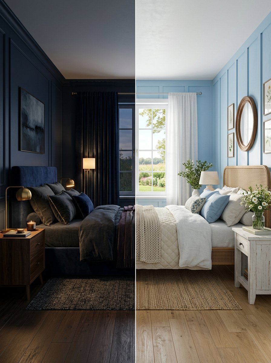 A collage showing a dark, moody bedroom on the left and a sunlit, light blue country-style bedroom on the right.