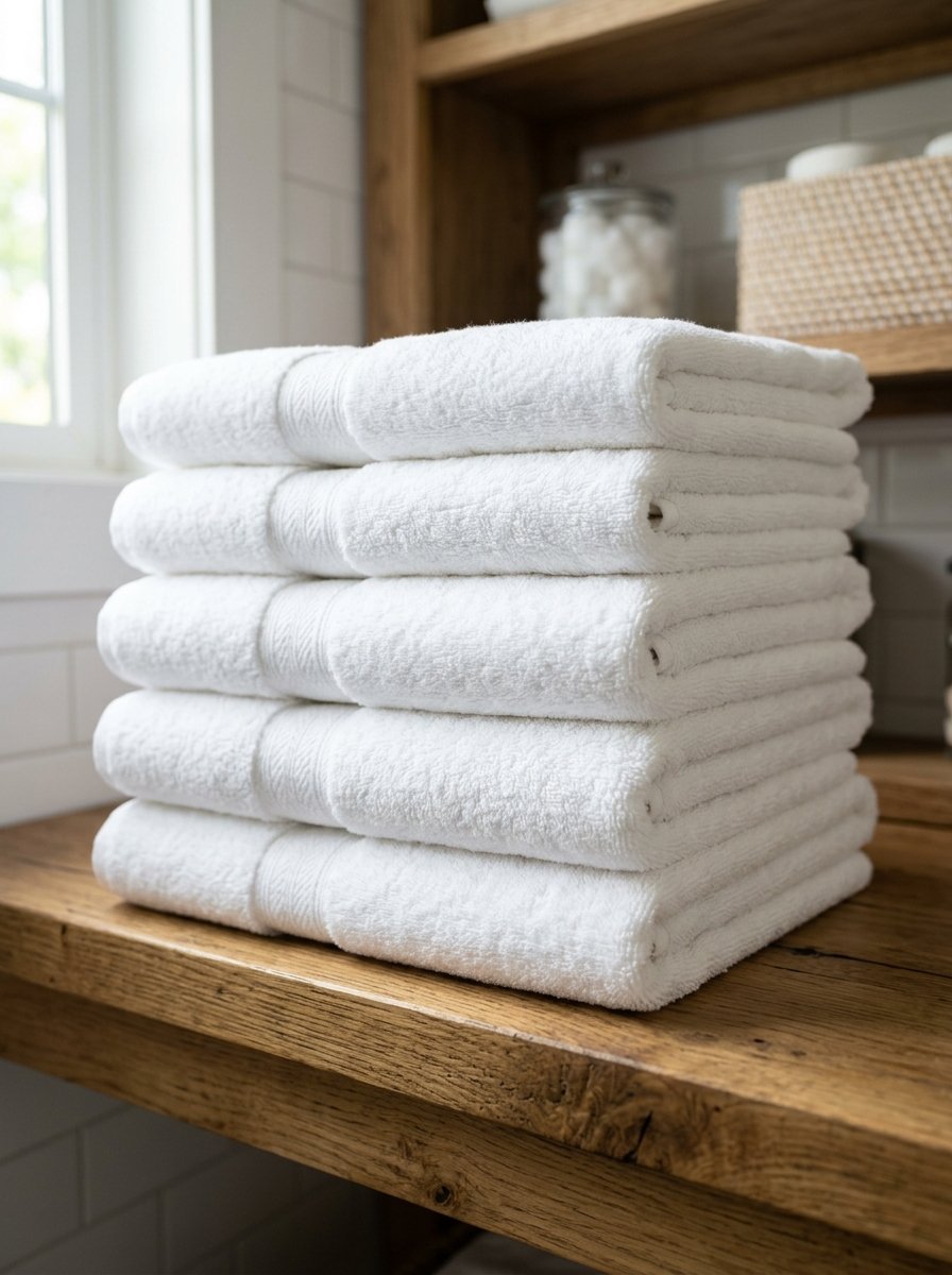 Five plush white towels stacked precisely on a rustic wooden bathroom shelf near a white window.