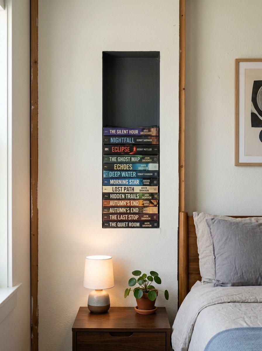 A dark vertical alcove in a bedroom wall containing a stack of colorful paperback books above a bedside lamp.