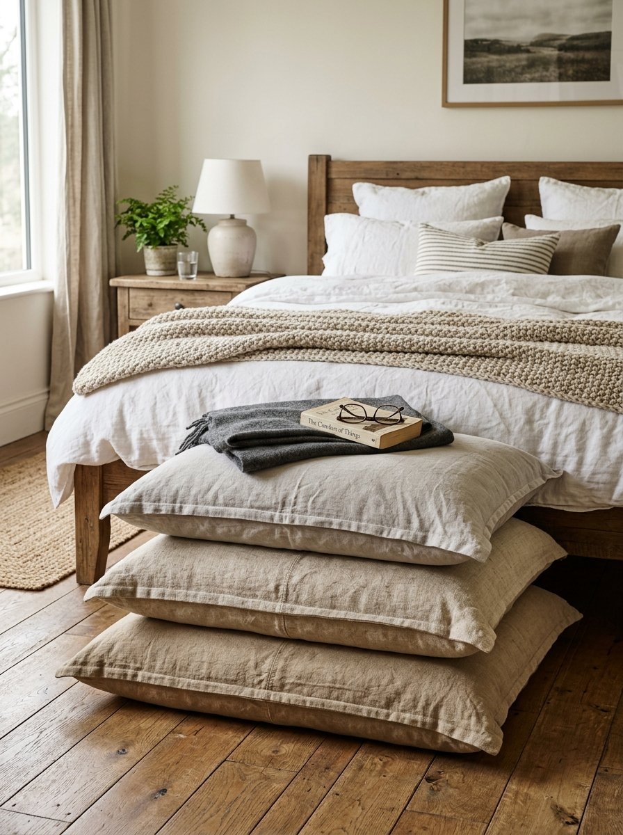 A stack of three neutral-toned linen pillows on a rustic wooden floor next to a bed with a chunky knit blanket.