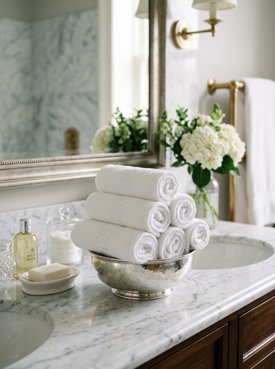 A silver bowl holding neatly rolled white towels with initials sitting on a marble countertop with flowers.