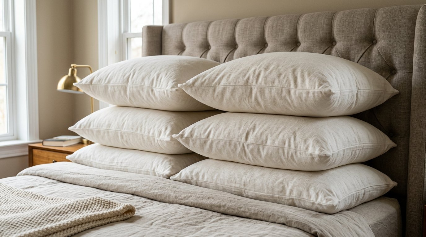 Three pairs of white fabric pillows stacked vertically against a tan tufted headboard in a bedroom.