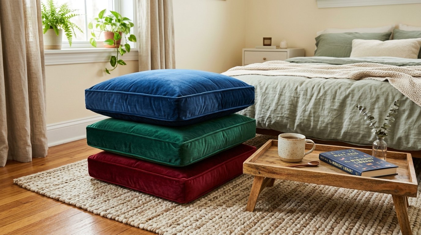 Blue, green, and burgundy square velvet cushions piled on a textured area rug next to a low wooden coffee table.