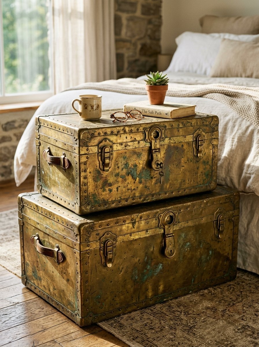 Stacked rustic metal trunks featuring patina finish, topped with a coffee mug, succulent, and book.